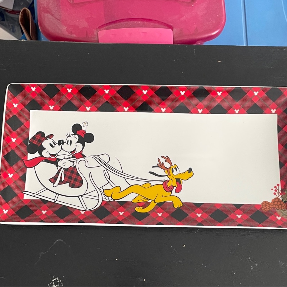 Disney Red Plaid Christmas Platter with Mickey and Minnie
